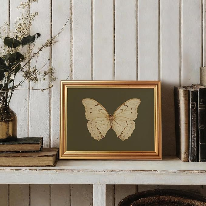JLTULT Gold Frame White Butterfly Wall Art Print on Dark Green Background, Vintage Framed Wall Decor for Living Room, Bedroom, Office 8x10 Inch Fade-Resistant Print Easy to Hang