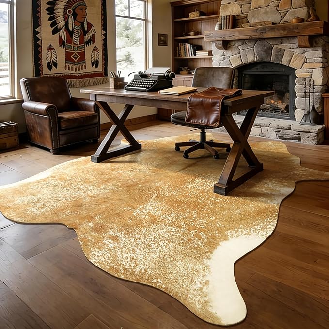 Cowhide Rug for Living Room, Washable Cow Hide Rug, Large Faux Animal Skin Rugs, Non-Slip Cow Print Area Rugs, 8x10Ft Large Cowhide Rugs for Bedroom Office Kitchen Fireplace, Khaki