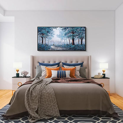 KLAKLA Blue Tree Wall Art for Living Room - Black Frame Border Bedroom Art - Prussian Blue Tree Wall Art for Bedroom - Framed Artwork Blue Leaves Plant Forest Wall Decor