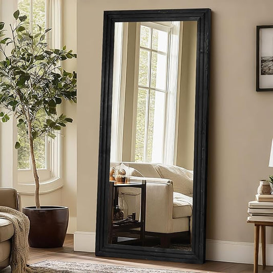 Full Length Wood Mirror 71x30 - Rustic Solid Wood Floor Mirror with Triple Layer Frame, HD Tempered Glass, Wall Mounted or Leaning Standing Mirror Vintage Black Mirror for Bedroom Bathroom Living Room