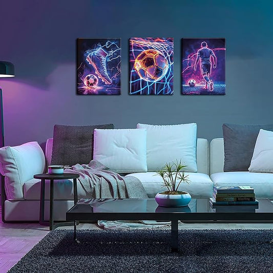 Cool Soccer Gaming Wall Art Set of 3, Neon Video Gamer Canvas Pictures, Colorful Soccer Game Painting Prints for Boys Room, Gaming Room Decor for Kids Gamer Room 12x16 inch Framed