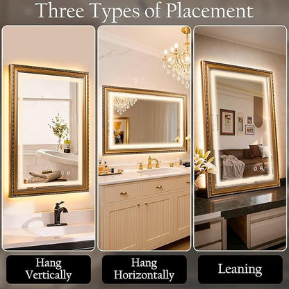 ROLOVE 23x35 Inch Gold Vintage Mirror for Wall Decor, Ornate Baroque Waterproof Frame, Antique Wall Mirror with Lights, Anti-Fog, Plug-in/Hardwired, Rectangle LED Mirror for Bathroom Vanity, Entryway
