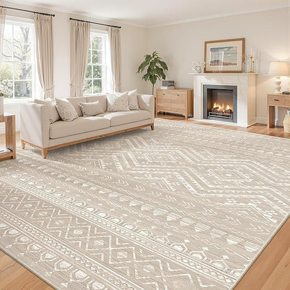 Miukiki 10x14 Area Rugs for Living Room Moroccan Washable Rugs Non Slip Indoor Floor Carpet Foldable Large Soft Area Rug with Low Pile for Dining Room Bedroom Office(Brown,10'x14')