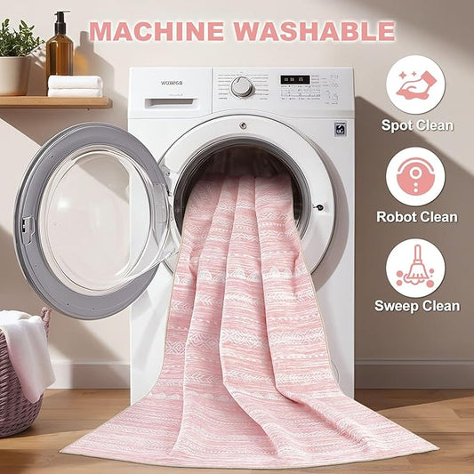 Nakagishi Pink Rugs for Bedroom Girls: 5x7 Washable Boho Large Neutral Area Rug Cute Soft Modern Indoor Floor Non Slip Accent Carpet for Living Room Nursery Kids Playroom Dorm Preppy Baby Room Decor