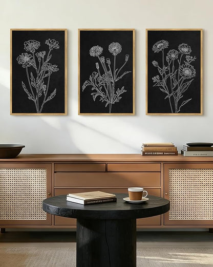 Drsoum Black White Flower Wall Art Vintage Minimalist Floral Wall Hanging Decor Bohemain Botanical Prints Artwork for Bedroom Living Room Hallway 16x24in Natural Framed