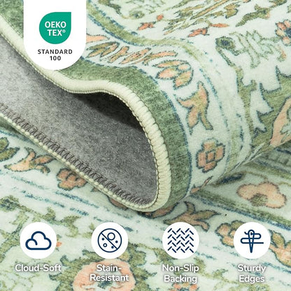 Lessymo 5x7 Washable Area Rug with Non Slip Backing,Soft Boho Indoor Carpets for Living Room Bedroom Nursery, Kid and Pet Friendly, Light Green