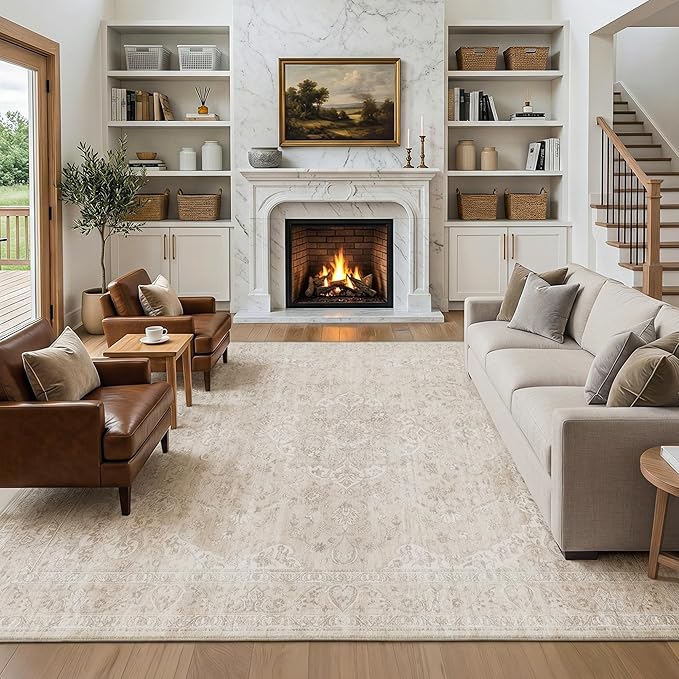 FMFUNCTEX 9x12 Washable Area Rug Neutral Beige Vintage Distressed Oriental Non Slip Low Pile Floral Rug for Living Room Bedroom Cream Traditional Soft Thin Retro Indoor Carpet for Dining Room Office