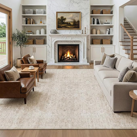 FMFUNCTEX 9x12 Washable Area Rug Neutral Beige Vintage Distressed Oriental Non Slip Low Pile Floral Rug for Living Room Bedroom Cream Traditional Soft Thin Retro Indoor Carpet for Dining Room Office