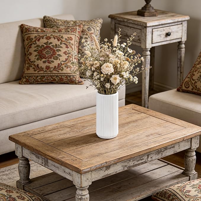 TIMEFOTO White Ceramic Flower Vase for Pampas Grass, 6 inch Small Decorative Centerpiece Ribbed Vase for Dining Table, Office Desktop, Shelf Bookshelf, Mantel, Bathroom, Countertop, Farmhouse, Gift