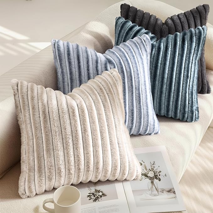 decorUhome Cozy Faux Fur Throw Pillow Covers 20x20 Set of 2 Decorative Soft Plush Striped Modern Farmhouse Boho Couch Pillow Cases with Velvet Back for Sofa Bed Living Room, Blue Grey