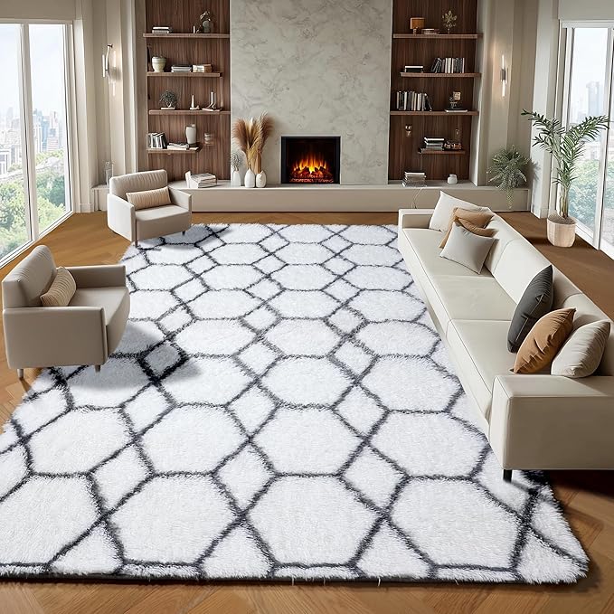 ONASAR 7x9 Area Rugs for Living Room Bedroom, Large Fluffy White and Grey Throw Rug, Geometric Soft Plush Shaggy Indoor Floor Carpet for Nursery Kids Girls Boys Teen Dorm Home Decor Aesthetic