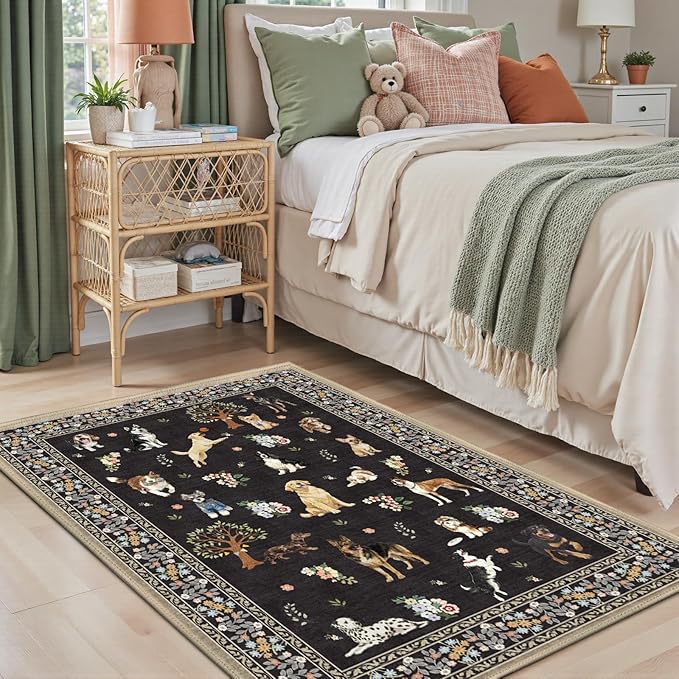 Area Rug 4x6 Black Dog Rug, Washable Rugs Non Slip Low Pile Floral Dog Small Carpet for Bedroom, Bedside, Kids Room, Office, Dining Room
