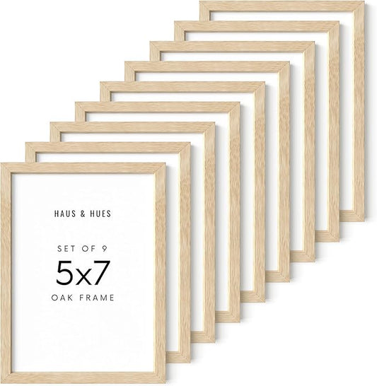 HAUS AND HUES Beige Oak Wood 5x7 Picture Frames - Modern Wood Wall Art Display - Lightweight 5x7 Frames for Certificates, Art Prints, Photos, Posters - Ready-to-Hang Vertically & Horizontally (Set of 9)