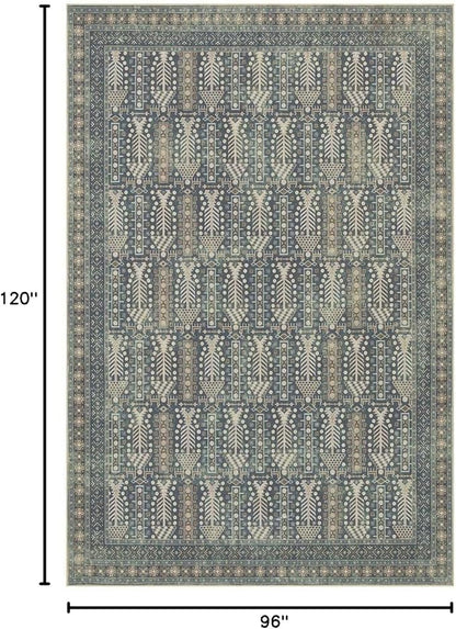 Rugxara 8x10 Washable Area Rugs for Living Room&Bedroom - Floral Boho Vintage Rug,Soft & Non-Slip,Low Pile Wool Carpet for Indoor Dining Room,Girls Room,Nursery Room and Kids Room(Ivory Blue)