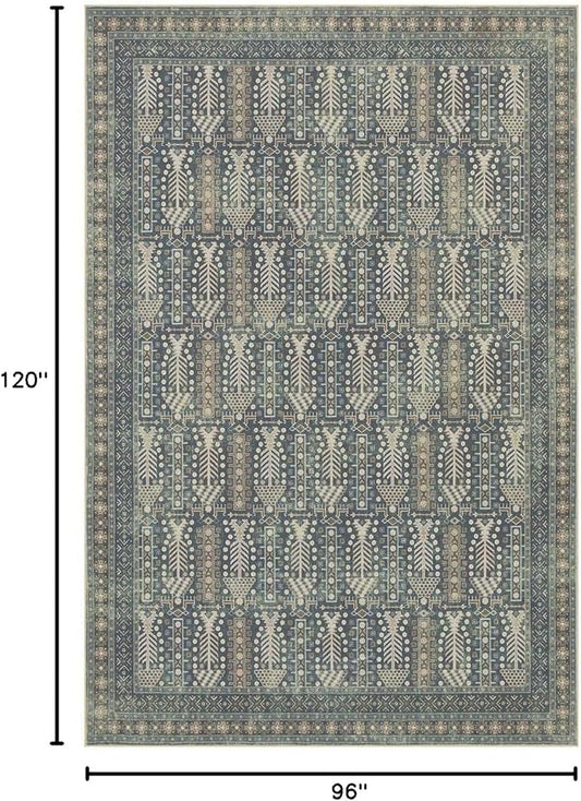 Rugxara 8x10 Washable Area Rugs for Living Room&Bedroom - Floral Boho Vintage Rug,Soft & Non-Slip,Low Pile Wool Carpet for Indoor Dining Room,Girls Room,Nursery Room and Kids Room(Ivory Blue)