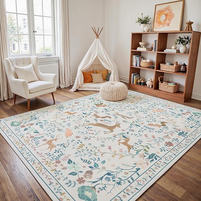 6x9 Area Rugs Washable Rug: Lagre Boho Living Room Rug Soft Non-Slip Thin Carpet Indoor Floor Non-Shedding Neutral Floral Carpets for Bedroom Dining Room Farmhouse Nursery Cream Gray