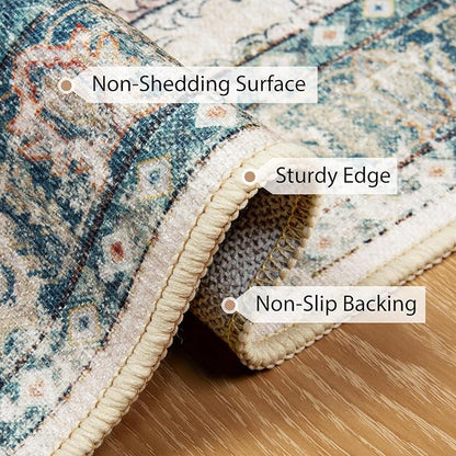 BESTSWEETIE 2x10 Area Rug Washable Rugs for Living Room, No Pile Boho Carpet for Entryway Bedroom Dinning Room, Vintage Carpet Print Distressed Non-Slip, 2 x 10 ft, Green