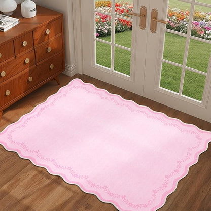GarveeHome Scalloped Entryway Rug, 2x3 Valentines Solid Pink Washable Front Door Rug Indoor Entrance Floral Carpet Non-Slip Low Pile Throw Rugs for Kitchen, Powder Room, Entry, Bathroom, Kids Room