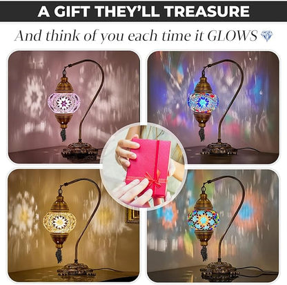 DEMMEX Turkish Moroccan Mosaic Table Lamp – Handcrafted Tiffany-Style Colorful Glass Swan Neck Bedside, Desk, Table Light, Boho Artisan Accent Lighting for Bedroom or Living Room – 15" H, Lilac