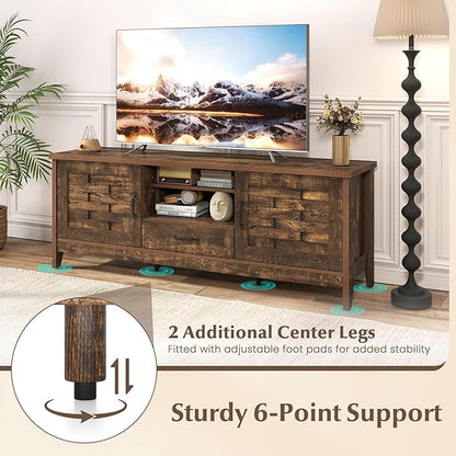 Giantex Farmhouse TV Stand for 65 Inch TVs, 59" Wood Entertainment Center with 2 Woven Accent Doors, Storage Drawer & 3 Adjustable Shelves, Media Console Table for Living Room, Bedroom (Rustic Brown)