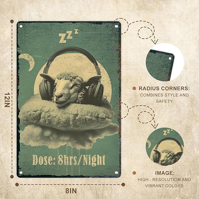8x12 Inch Metal Wall Art Decor - Vintage Sheep Sleeping on Pillow with Headphones Dose Design "8hrs/Night" Quote, Smooth Edge & Pre-Drilled Holes for Living Room Bedroom Office