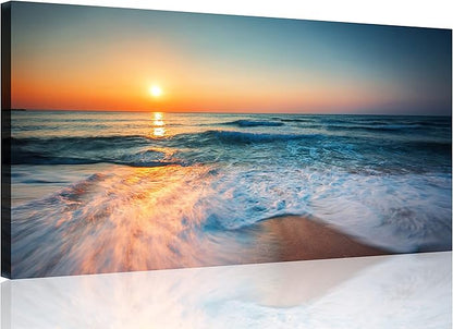 TutuBeer 1 Panel Beach Pictures Wall Art Blue Sea White Beach at Sunrise Pictures Print on Canvas Sea Wall Decor Seascape Paintings for Home Decor Stretched and Framed Easy to Hang 24x48 inch