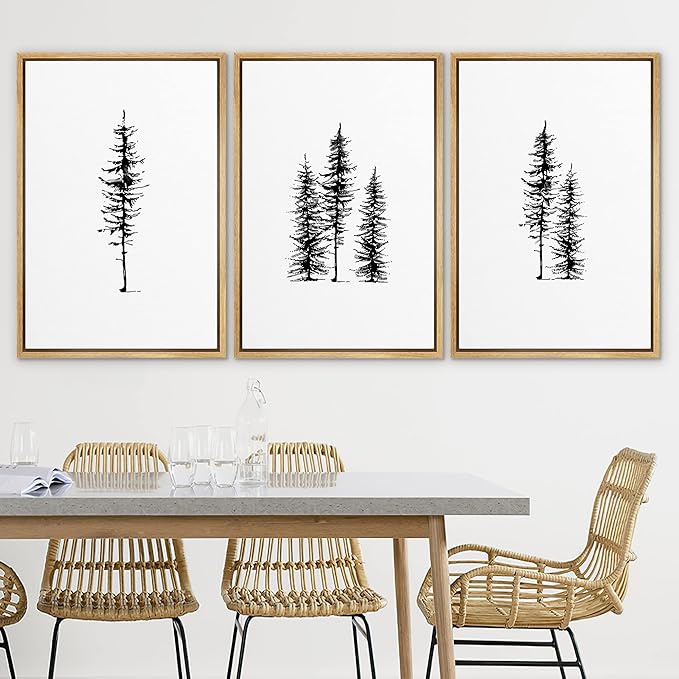 SIGNLEADER Framed Canvas Print Wall Art Three Pine Tree Portraits Nature Flower Drawings Modern Art Zen Scenic Relax/Calm Black and White for Living Room, Bedroom, Office - 16"x24"x3 NATURAL