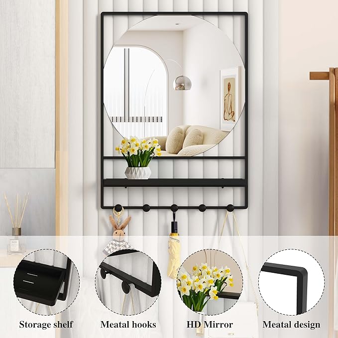 Wall Mirror with Shelf and Hooks, 21" X 28" Metal Framed Bathroom Mirror with Shelf, Decorative Mirror for Bathroom, Entryway, Bedroom, Living Room (Black, 21 x 28)