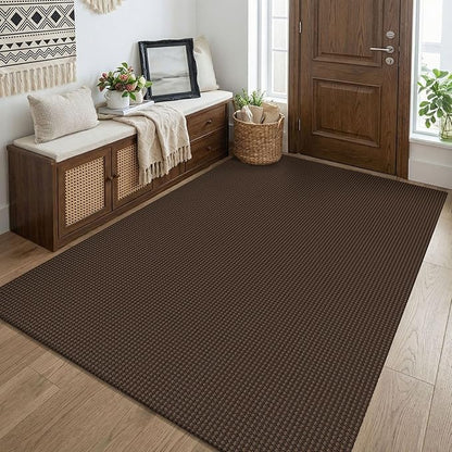KOZYFLY Washable 4x5 Entry Woven Area Rug, Braided Throw Rugs for Entryway, Non Slip Door Mat Indoor Entrance, Flatweave Carpet for Foyer, Bedroom, Dining, Office, Brown/Dark Brown