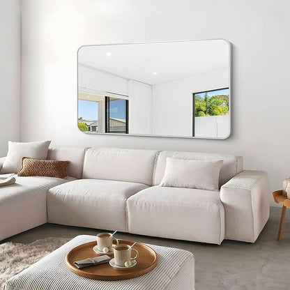 BONEWEI Silver Bathroom Mirror,60x36 inch Wall Mirror for Bathroom Wall Mounted,Rectangle Mirror for Bathroom Over Sink,Modern Frame Round Corner for Living Room,Bedroom Entryway,Horizontal/Vertical