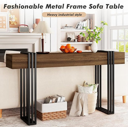 knoworld 63 Inch Console Table for Entryway, Industrial Sofa Tables Couch Table Behind Sofa for Living Room Hallway Foyer, Walnut