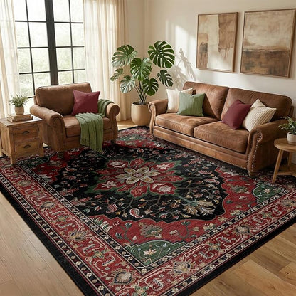 RELEANY Area Rugs 5'x7' Washable Non-Slip, Floral Vintage Distress Print Pattern Medallion Carpet for Living Room Bedroom Dining Room, Red Black