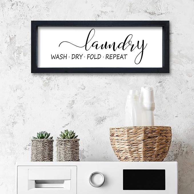 Laundry Room Wall Decor Sign 16"×6" Bathroom Laundry Rules Wash Dry Fold Repeat Small Wood Framed Wall Hanging Art (Black)