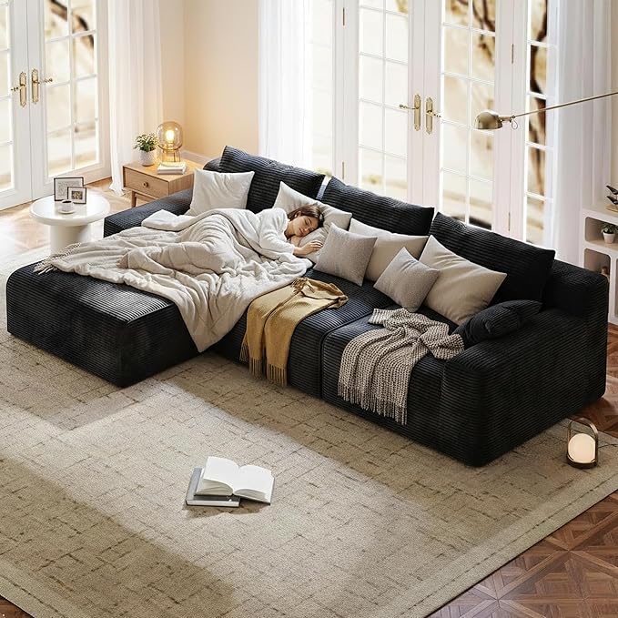 Homkdom L-Shaped Cloud Boneless Couch with Deep Seat, Modular Sectional Sofa with Oversized Chaise, 6 Layouts Combination for Living Room, Apartment, No Assembly (Black, Left Facing Chaise)