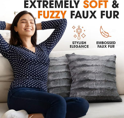 Cheer Collection Faux Fur Throw Pillows - Decorative Pillows for Couch, Bed Throw Pillows, Grey Accent Pillows for Bedroom or Living Room Aesthetic, Set of 2 Furry Throw Pillows, 26" x 26"