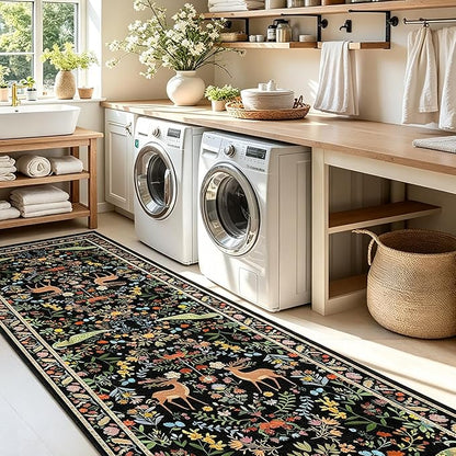 Black Floral 2'6"x8' Washable Non Slip Runner Rugs for Hallways, Non Skid Stain Resistant Rug Runners for Kitchen, Entryway, Mudroom - Dark Floral Cottagecore Home Decor