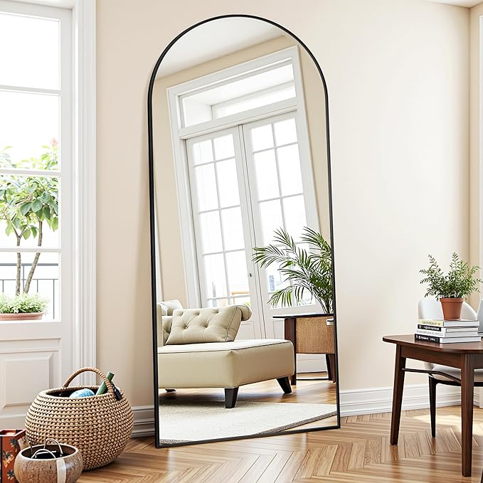 71"×28" Arched Full Length Floor Mirror, Standing Mirror with Aluminum Frame, Large Body Mirror of Free Standing/Wall Mount/Leaning for Bedroom, Living Room, Dressing Room, Black