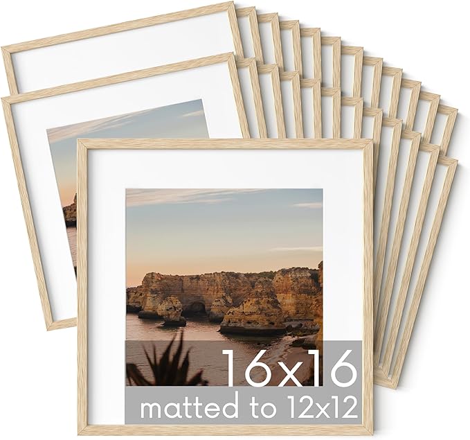 HAUS AND HUES Beige Oak Wood 16x16 Picture Frames - Set of 25, Square Frames with Mat, Elegant Frames for Posters and Prints (16x16 in, Beige, Set of 25)