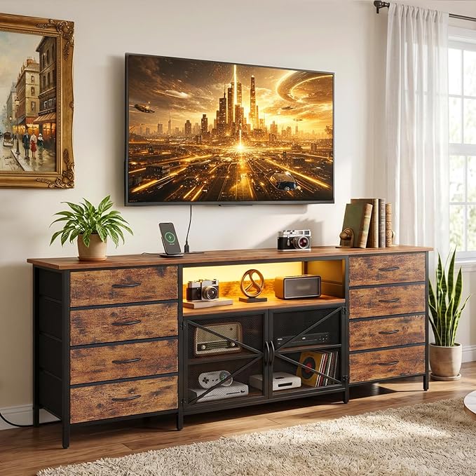 RALGEND Farmhouse TV Stand for 40/50/55 Inch TV, Small Entertainment Center with Storage Cabinets, Power Outlet & LED Light, Media Console Table with 8 Drawers for Living Room, Rustic Brown
