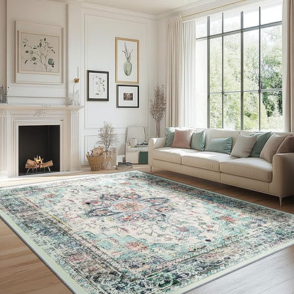 BESTSWEETIE 8x10 Area Rug Washable Rugs for Living Room, No Pile Boho Carpet for Entryway Bedroom Dinning Room, Vintage Carpet Print Distressed Non-Slip, 8 x 10 ft, Multi Navy Teal