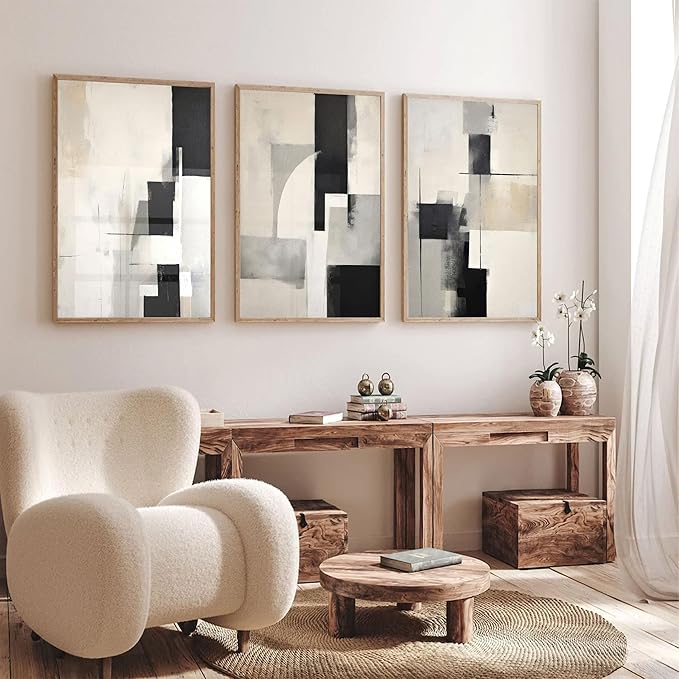 3Pcs Neutral Abstract Canvas Wall Art Pictures Modern Minimalist Posters Prints Beige Black Brown Simple Wall Decoration for Living Room Bedroom Bathroom Office 12x16in Unframed