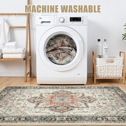 Area Rug 9x12 for Living Room, Medallion Printed Ultra-Thin Soft Large Carpet, Oriental Non Slip Big Washable Fade Stain Resistant Rugs for Bedroom Dining Room Home Office Decor