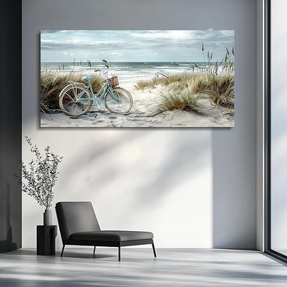 FUHAIHUA Large Wall Decor For Living Room Canvas Wall Art For Bedroom Modern Office Decoration Blue Beach Bicycle Seascape Painting Ocean Landscape Wall Pictures Artwork Home Decor Posters 24"X48"