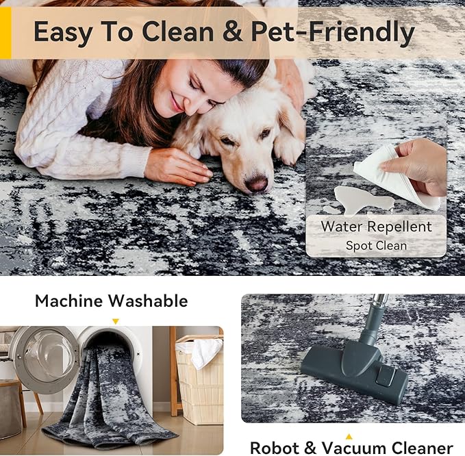 RELEANY Washable Area Rugs 2'x3' Non-Slip Modern Abstract Soft for Living Room Entryway Bedroom Nursery, Print Pattern, Black Navy Blue Gray