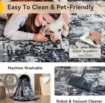 RELEANY Washable Area Rugs 2'x3' Non-Slip Modern Abstract Soft for Living Room Entryway Bedroom Nursery, Print Pattern, Black Navy Blue Gray