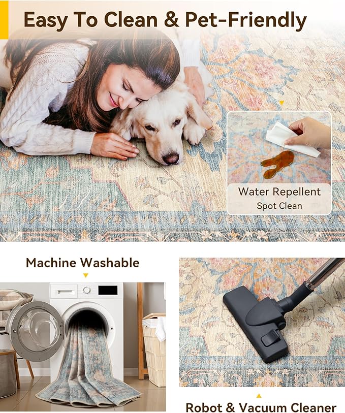 RELEANY Area Rugs Square 8ft Washable Non-Slip, Floral Vintage Distress Print Pattern Medallion Carpet for Living Room Bedroom Dining Room, Blue Orange Red
