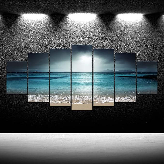 iKNOW FOTO 7 Multi Panel Xlarge Modern Canvas Prints Wall Art Blue Ocean Seascape Pictures Beach Landscape Printed On Canvas Ready to Hang for Living Room Home Office Decor 70x32 inch