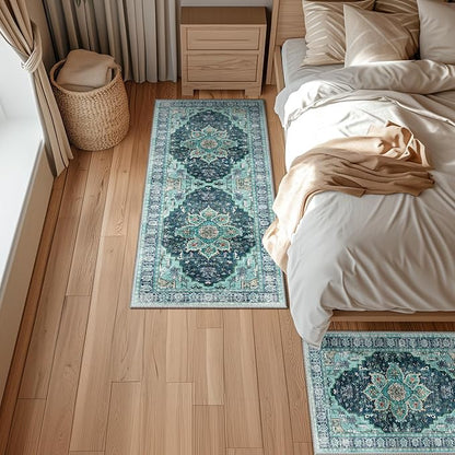BESTSWEETIE 2x6 Area Rug Washable Rugs for Living Room, No Pile Boho Carpet for Entryway Bedroom Dinning Room, Vintage Carpet Print Distressed Non-Slip, 2 x 6 ft, Teal Dark Green