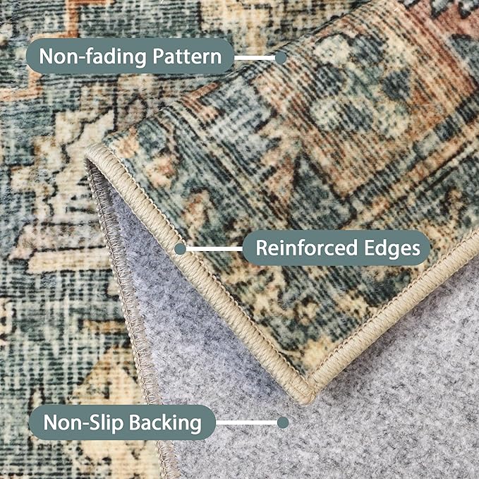 Bavni Washable Rug 8x10 Area Rug for Living Room Bedroom Dining, Washable Vintage Print Carpet, Ultra-Thin Low Pile Lightweight Rug with Non Slip Backing, Teal