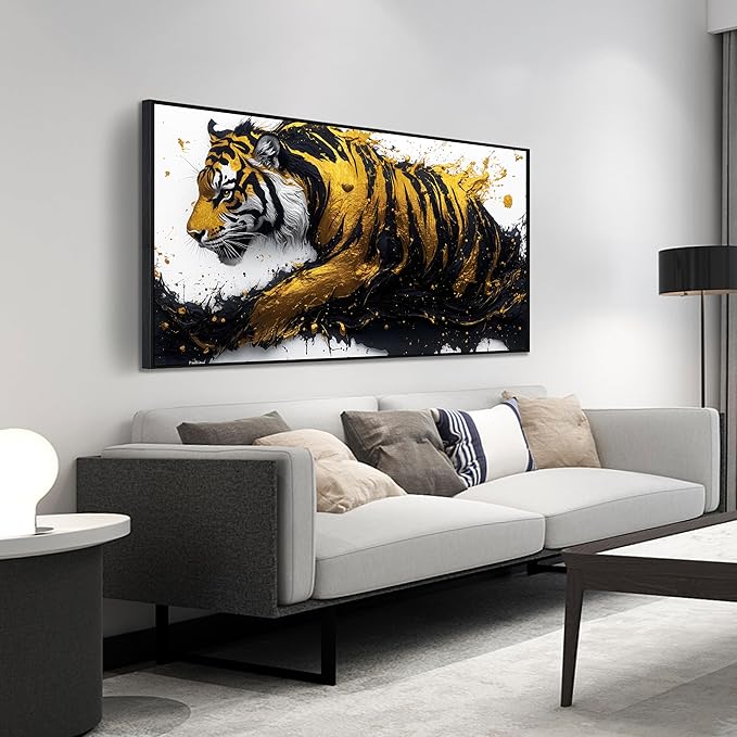 Tiger Art Wall Decor for Living Room - Modern Black and Gold Wall Decor for Bedroom - Large Framed Wall Art for Office Size 29" x 59"